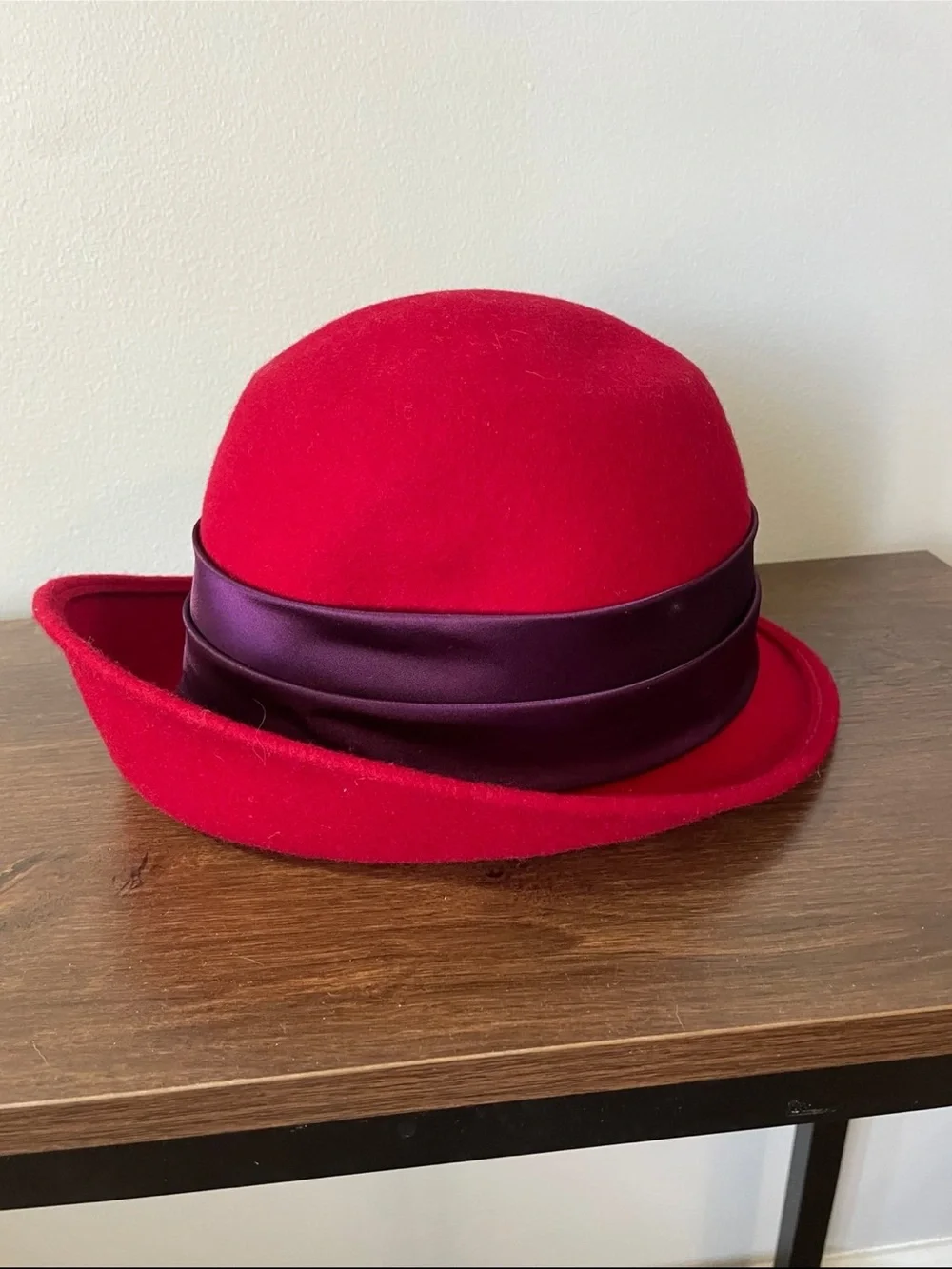 Red Wool Cloche Hat with Purple Bow